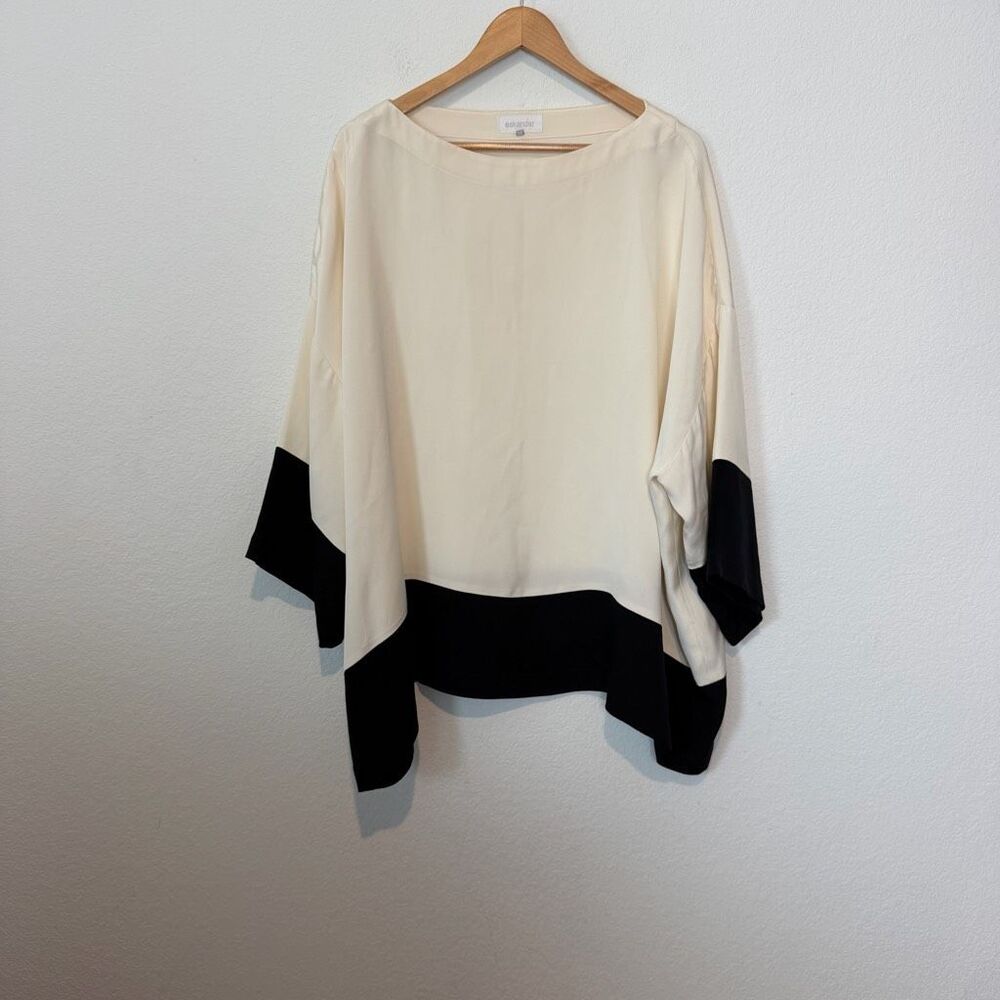 Eskandar Ivory Black Color Block Silk Dolman Sleeve Blouse Women's Size 1 Small